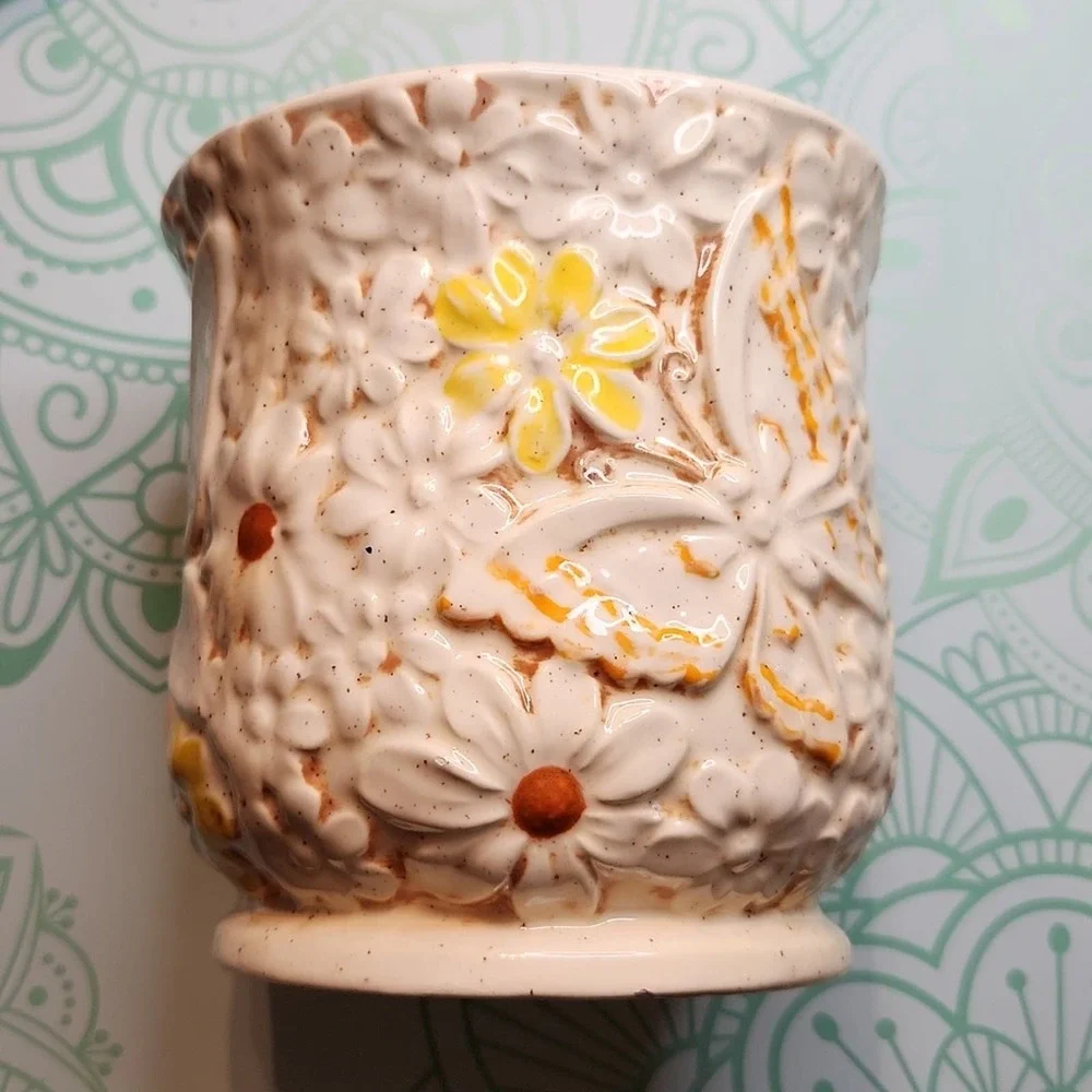 Vintage Cookie Jar Canister Flowers Daisy Butterfly Cream Orange Yellow Brown - Picture 5 of 12